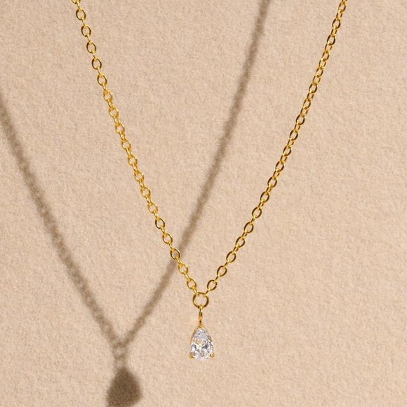 Stainless Steel Cubic Zirconia Water Drop Minimalist Necklace - Picture 1 of 4